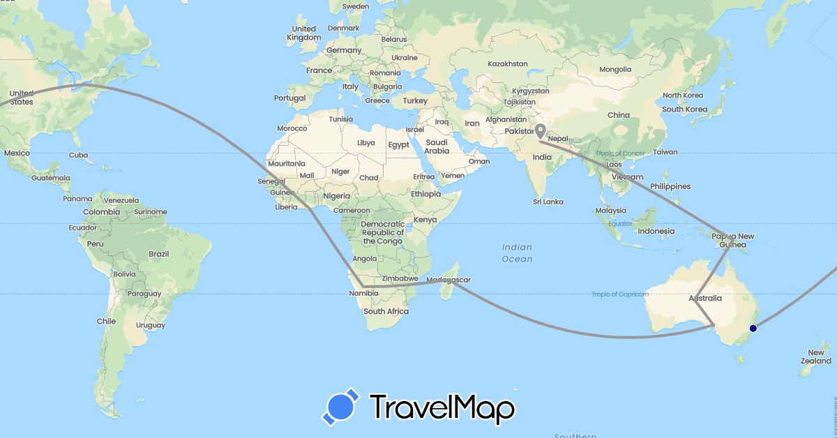 TravelMap itinerary: driving, plane, train in Australia, Ghana, India, Madagascar, Namibia, Papua New Guinea, United States (Africa, Asia, North America, Oceania)